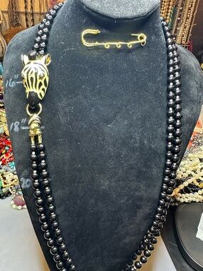 Vintage Enamel Zebra and Glass Bead Necklace